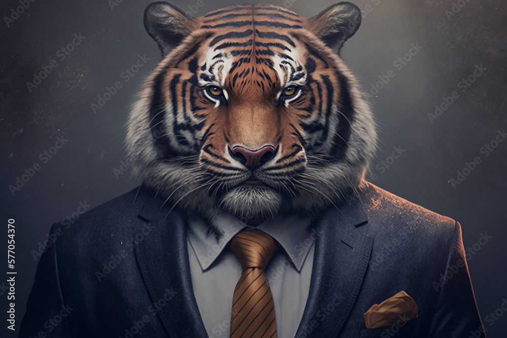 Portrait of a tiger dressed in a formal business suit, generative ai