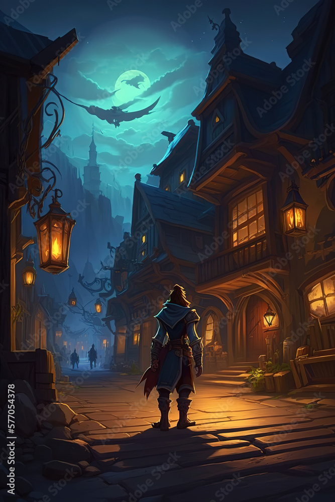 a person standing in the middle of a town at night, village, fantasy town, game, fantasy art illustration 