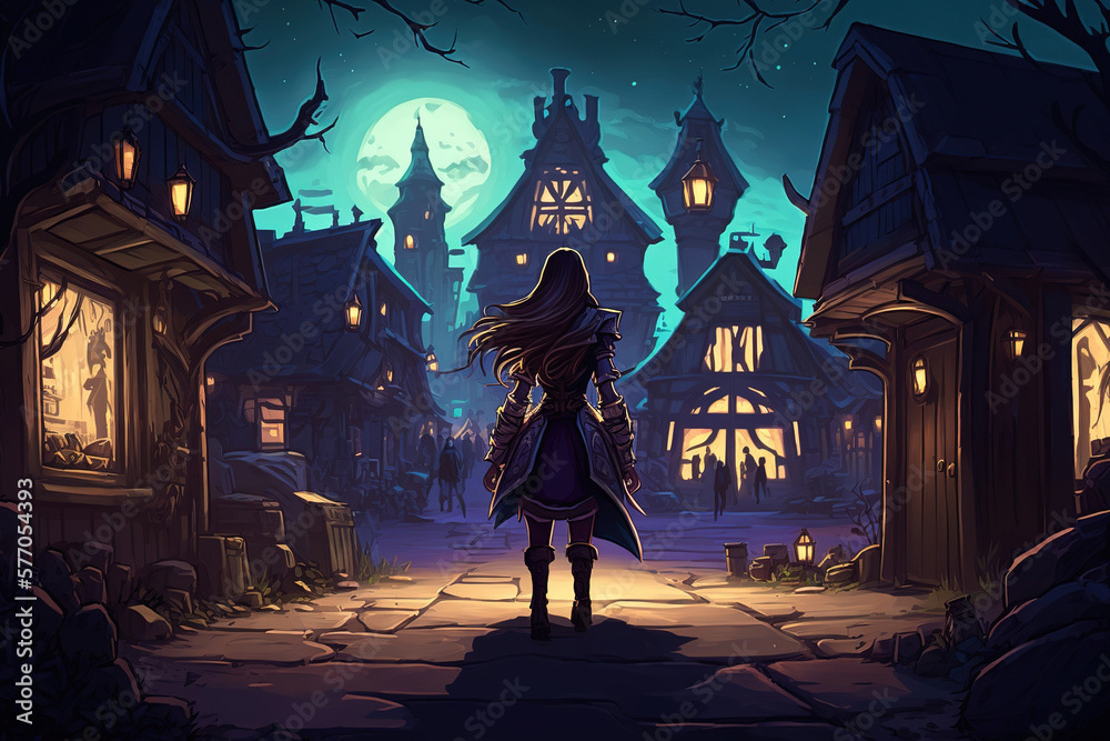 a person standing in the middle of a town at night, village, fantasy town, game, fantasy art illustration 