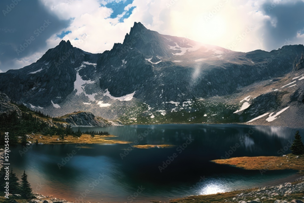 Scenery with mountains, river and sky with clouds created using generative ai technology