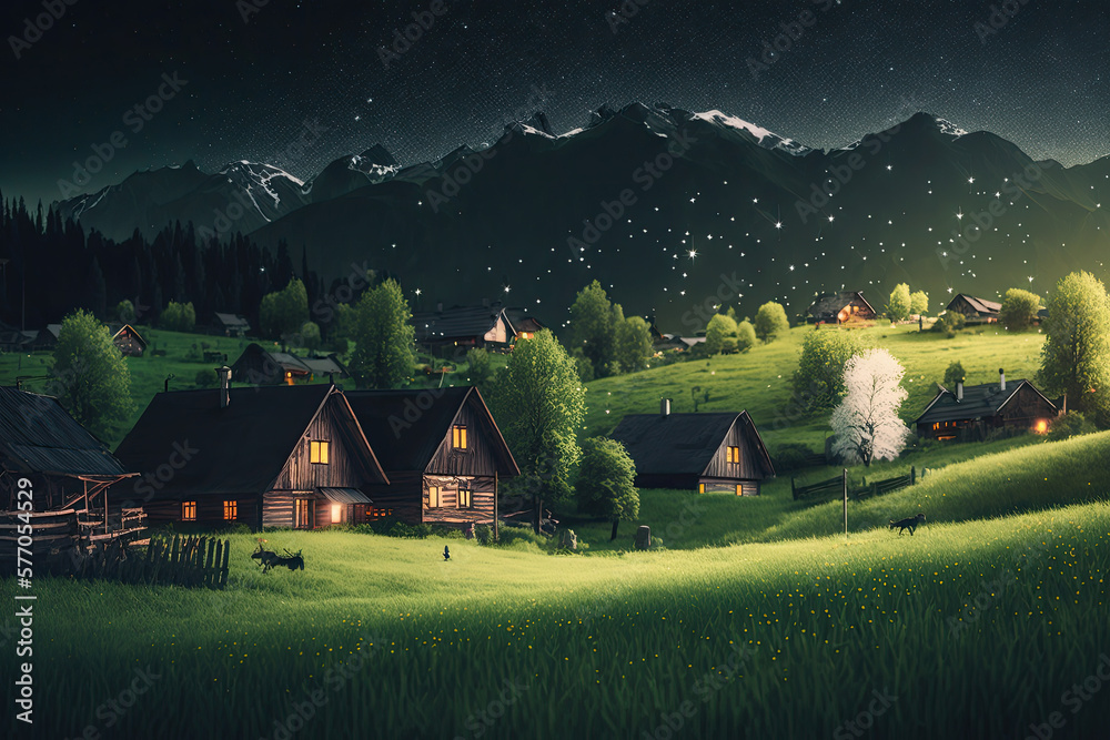 late spring photo, a beautiful small village, scattered wooden houses, green grass, green mountains, fireflies, gradient effect late spring photo, a beautiful small village, scattered wooden houses, green grass, green mountains, fireflies, gradient effect