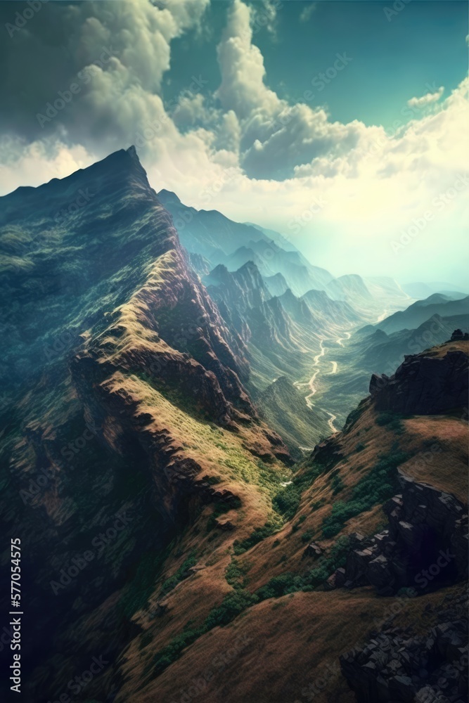 Scenery with mountains, forest and sky with clouds created using generative ai technology Scenery with mountains, forest and sky with clouds created using generative ai technology