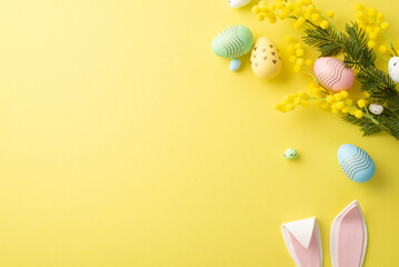 Easter celebration concept. Top view photo of colorful easter eggs mimosa flowers and easter bunny ears on isolated yellow background with blank space