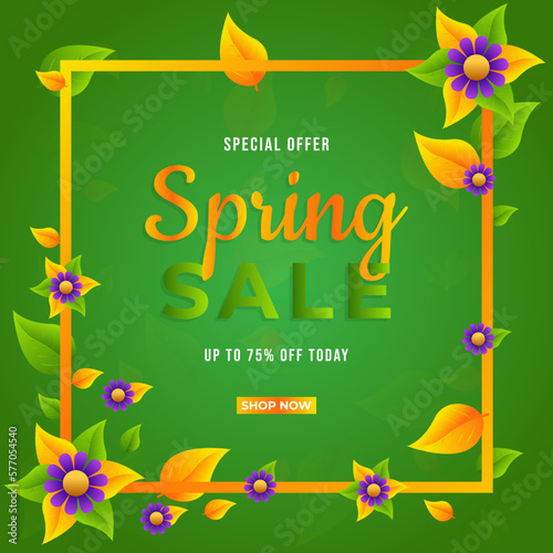 Spring sale banner background template design with colorful flowers for social media cards, vouchers, posters, flyers, invitations, and brochures. photo
