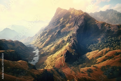 Scenery with mountains, river and sky with clouds created using generative ai technology © Future Vision