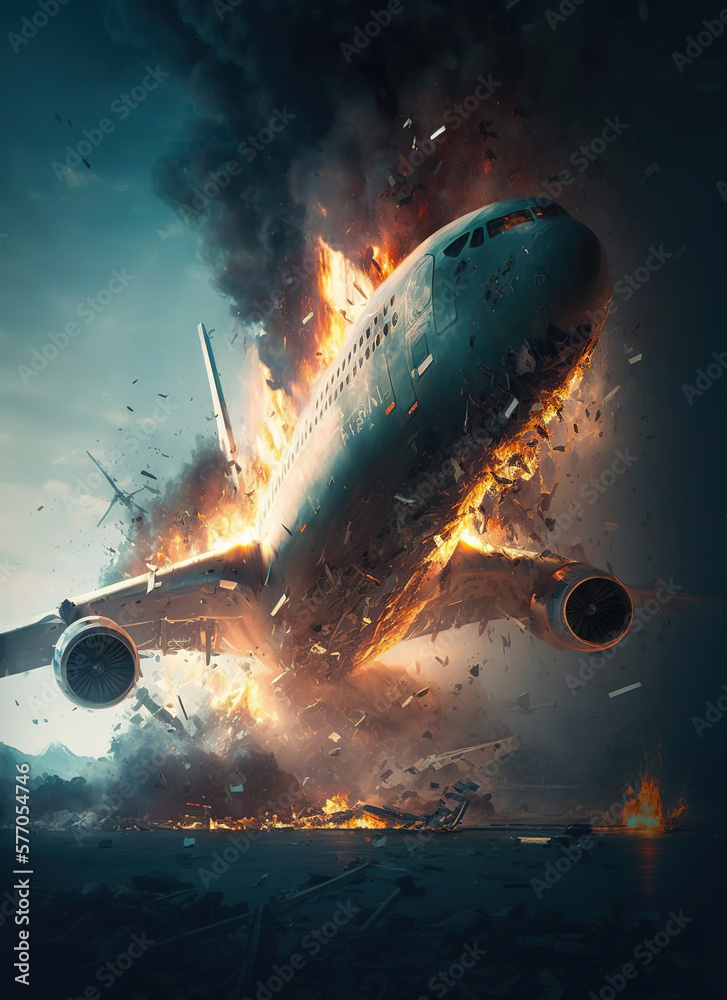 passenger plane caught fire in flight and crashes, concept art illustration 