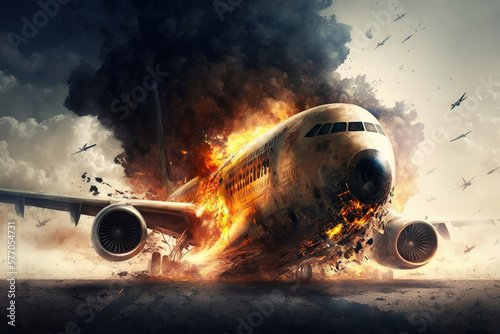 passenger plane caught fire in flight and crashes, concept art illustration 