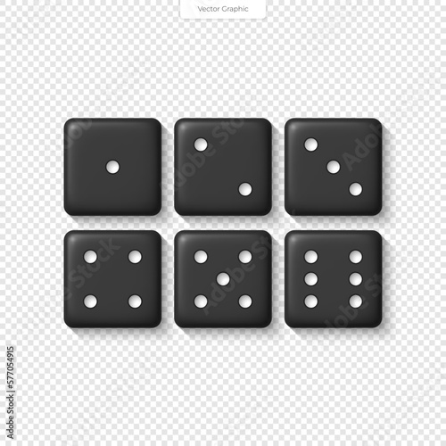 Realistic 3D black dice for casino, craps, poker, tabletop or board games with rounded edges and pips forming random numbers.