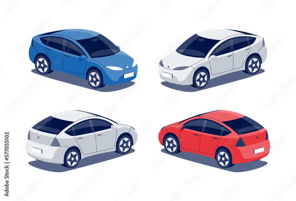Modern passenger crossover car. Midle size hatchback business vehicle, cuv family car, crossover, suv. Isolated vector red and blue object icons on white background in isometric dimetric style.