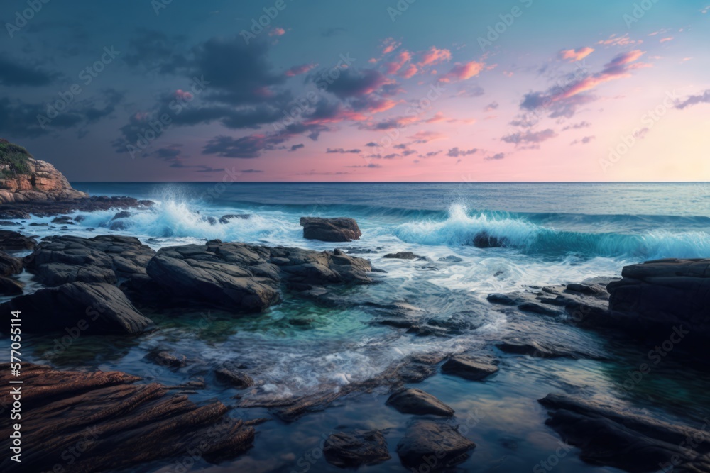 Sunset scenery with ocean, rock and sky with clouds created using generative ai technology