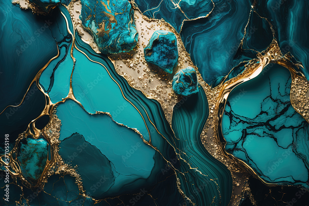 Teal blue gold marble background. Invitation, card backdrop, banner. Ai generated