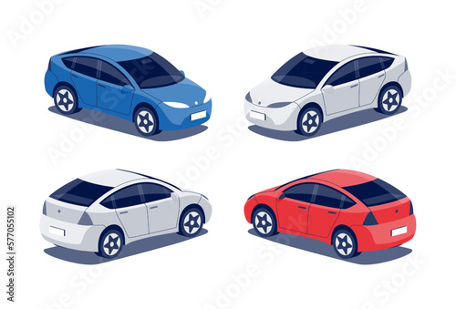 Modern passenger crossover car. Midle size hatchback business vehicle, cuv family car, crossover, suv. Isolated vector red and blue object icons on white background in isometric dimetric style. (ID: 577055102)