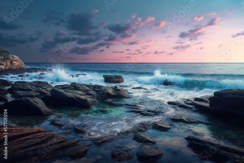 Sunset scenery with ocean, rock and sky with clouds created using generative ai technology