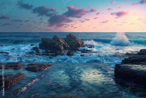 Sunset scenery with ocean  rock and sky with clouds created using generative ai technology