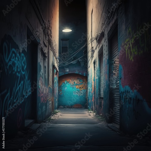 Alley with walls covered in colorful graffiti created using generative ai technology
