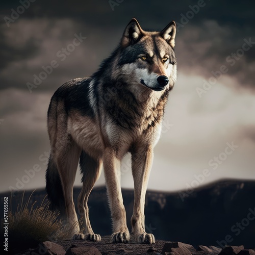 Portrait of wolf on rock, created using generative ai technology