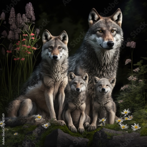Portrait of close up of two wolves with two young pups, created using generative ai technology