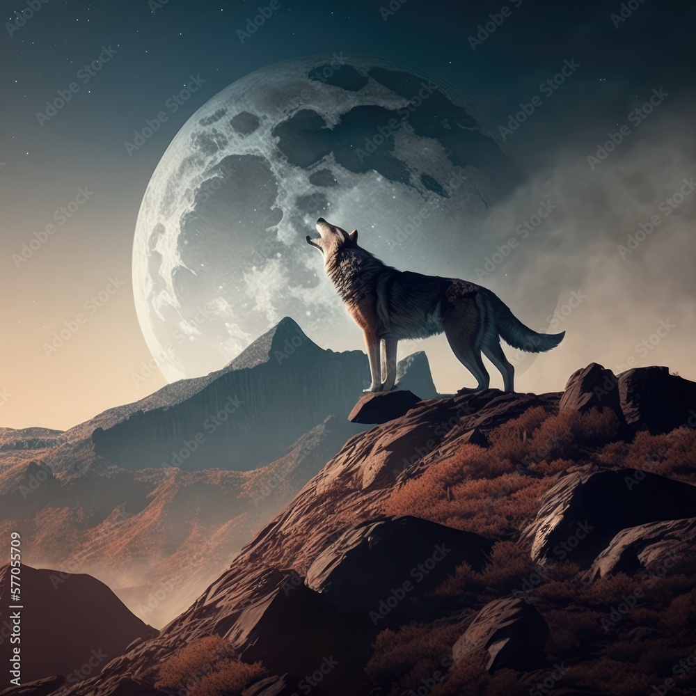 Portrait of howling wolf over full moon, created using generative ai technology
