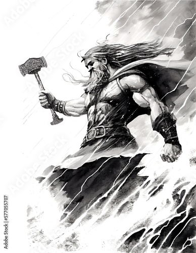 Watercolor ink of northern mythology god thor with its thorshammer photo