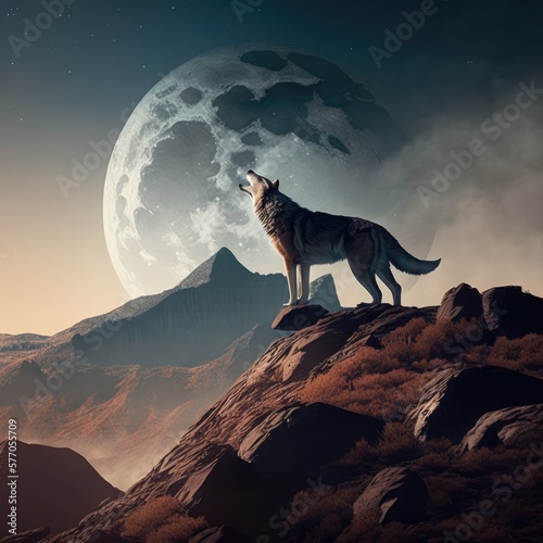 Portrait of howling wolf over full moon, created using generative ai technology