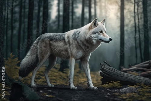 Portrait of wolf in forest, created using generative ai technology
