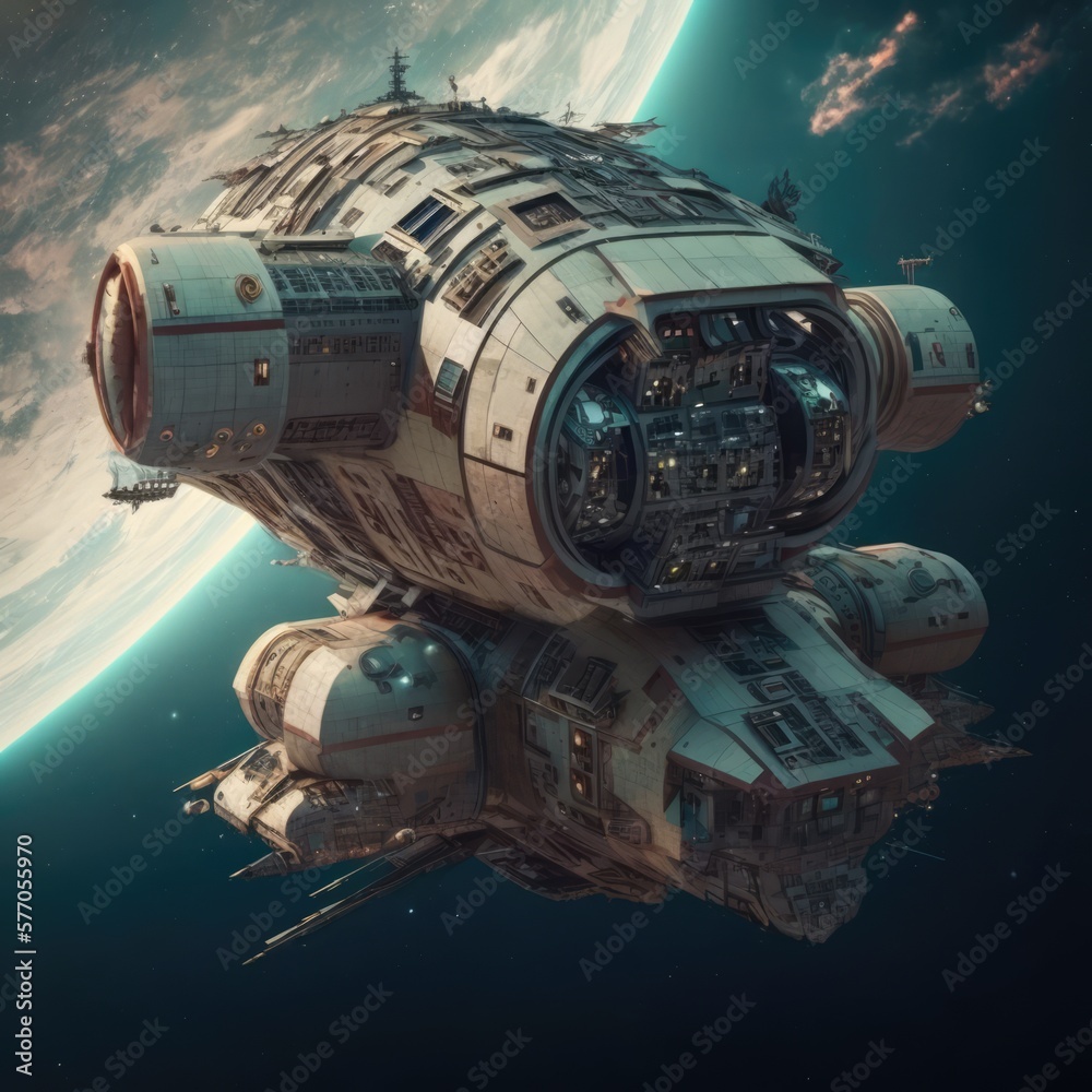 Spaceship flying in outer space over earth background, created using generative ai technology Spaceship flying in outer space over earth background, created using generative ai technology