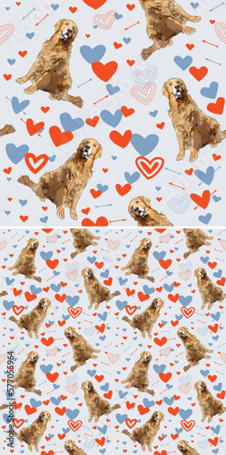 Golden retriever dog Valentine's day bright heart wallpaper. Love doodles hearts holiday square background, repeatable pattern. St Valentine's day wallpaper, valentine's present, print tiles. Pastel