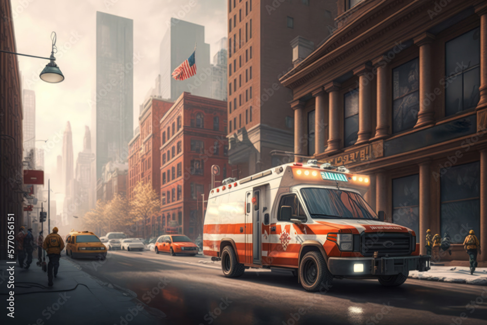 Ambulance driving in city street with clouded sky, created using generative ai technology