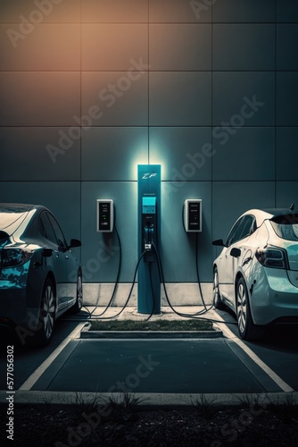 Two electric cars charging in charging station, created using generative ai technology