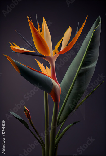 tropical leaves greenery with green leaves and orange strelizia flowers