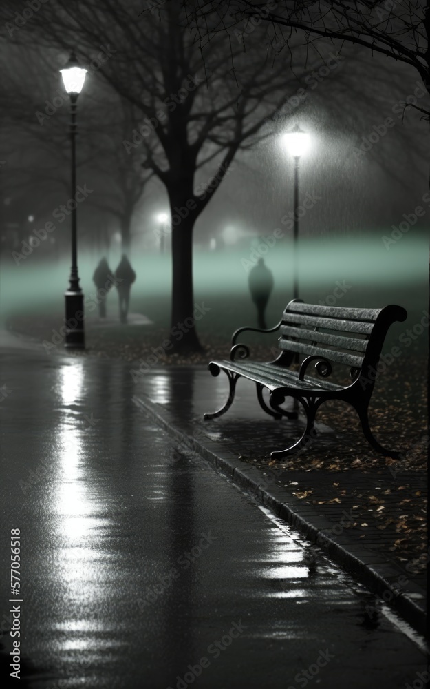 Bench in park by street lamps on dark misty rainy night, created using generative ai technology