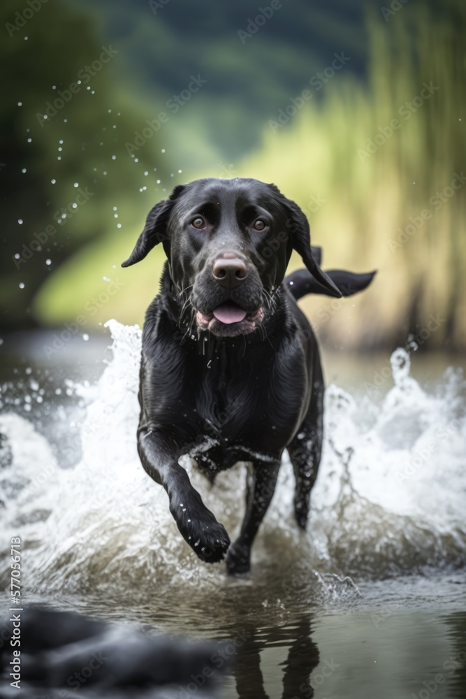 Black labrador dog running in water over grass created using generative ai technology