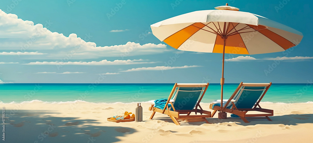 Beach umbrella and deck chair on the sand against the background of the sea.Summer vacation concept. resort, vacation. AI