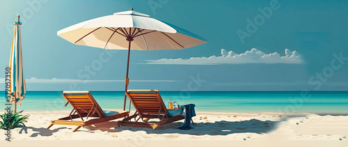 Beach umbrella and deck chair on the sand against the background of the sea.Summer vacation concept. resort  vacation. AI