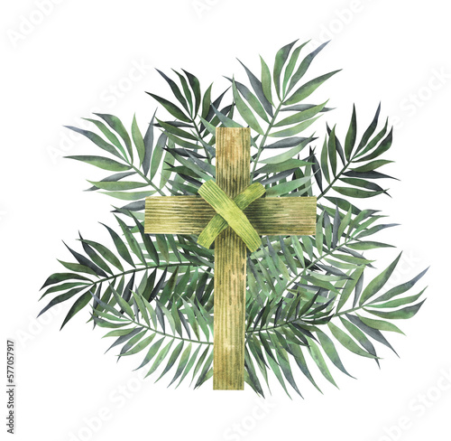 Obraz na plátne traditional branch palm christian cross symbol watercolor illustration