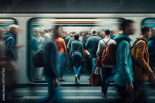 Leinwand Poster Blurred people on subway platform. Generative AI