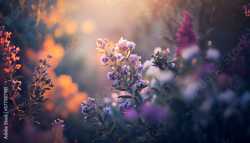 flower in morning spring gold sunrise, generative ai. © Onchira