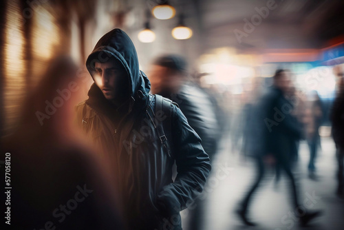Hooded thief looking away. Generative AI © AIproduction