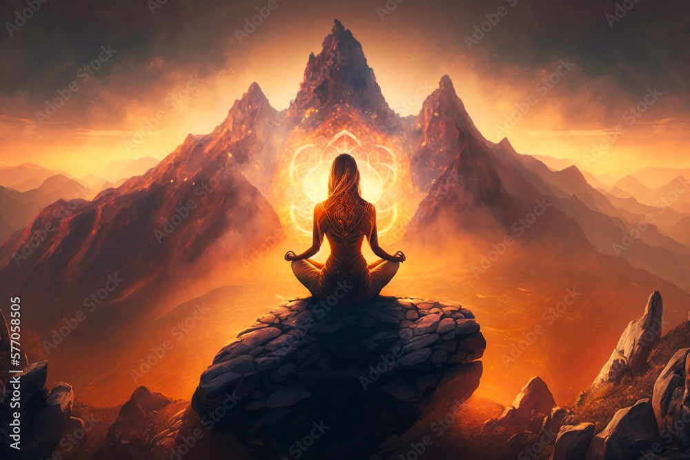 Young girl meditates on a background of mountains. Generative AI