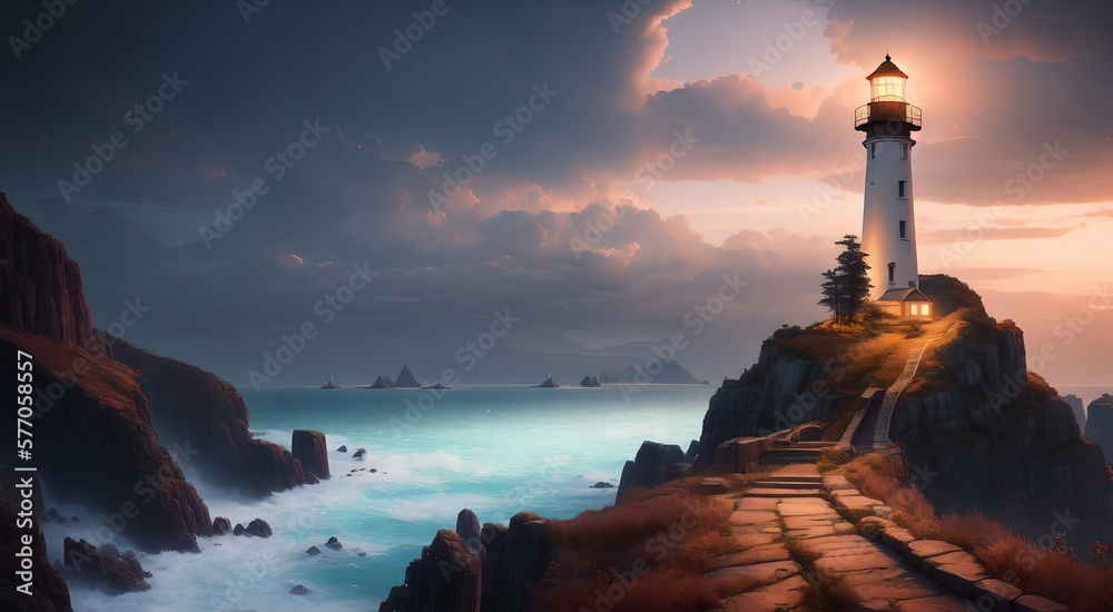 Fototapeta premium Mediterranean seaside lighthouse [AI Generated]