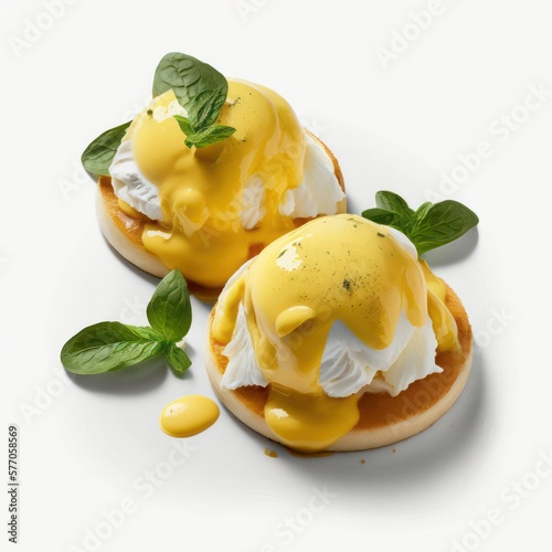 Delicious eggs benedict on a plate. A classic breakfast dish, ideal for use in food, cuisine, and breakfast-related contexts