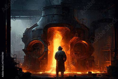 Steel mill, furnaces, iron, worker, steel production. Ai generative