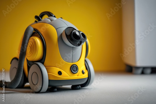 Robot vacuum cleaner machine. Room service concept. Creative design toy cyborg cleaning floor. Gray wall yellow background. Copy space photography. Generative AI photo