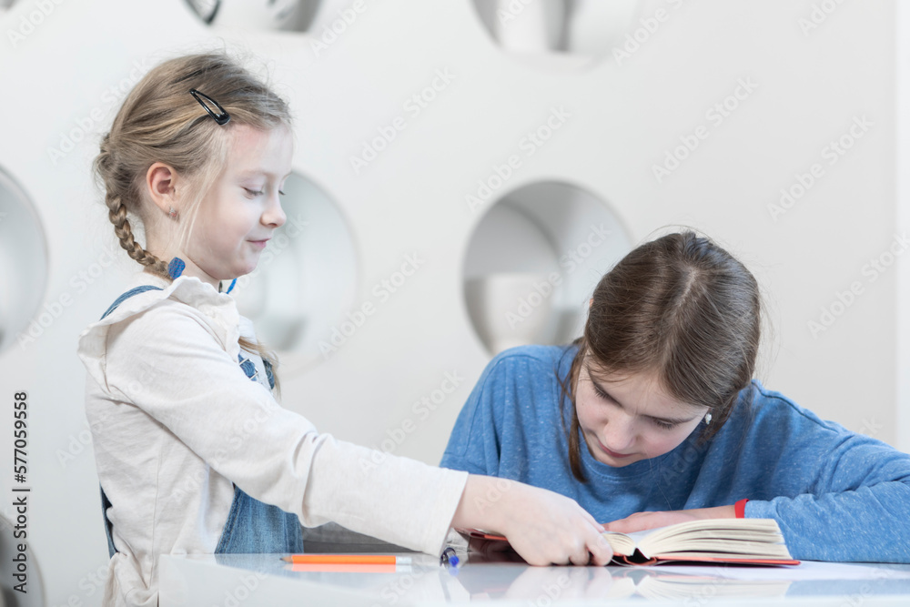 Cute sisters studying together at home. Education and relationship concept