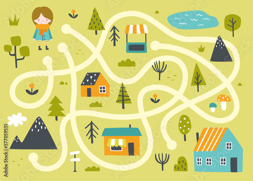 Cute mini labyrinth game for children with village. Cartoon maze with little girl for kids.
