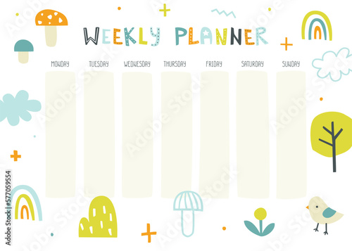 Scandinavian weekly planner for children. Abstract design of timetable for kids.