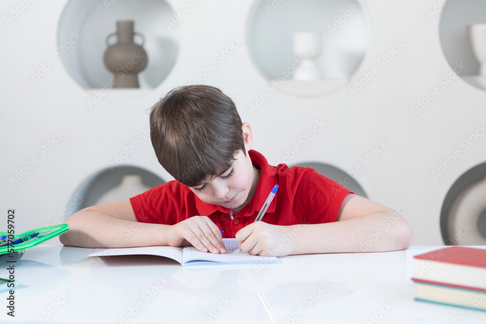 Cute school boy sits at the desk and learns his lessons