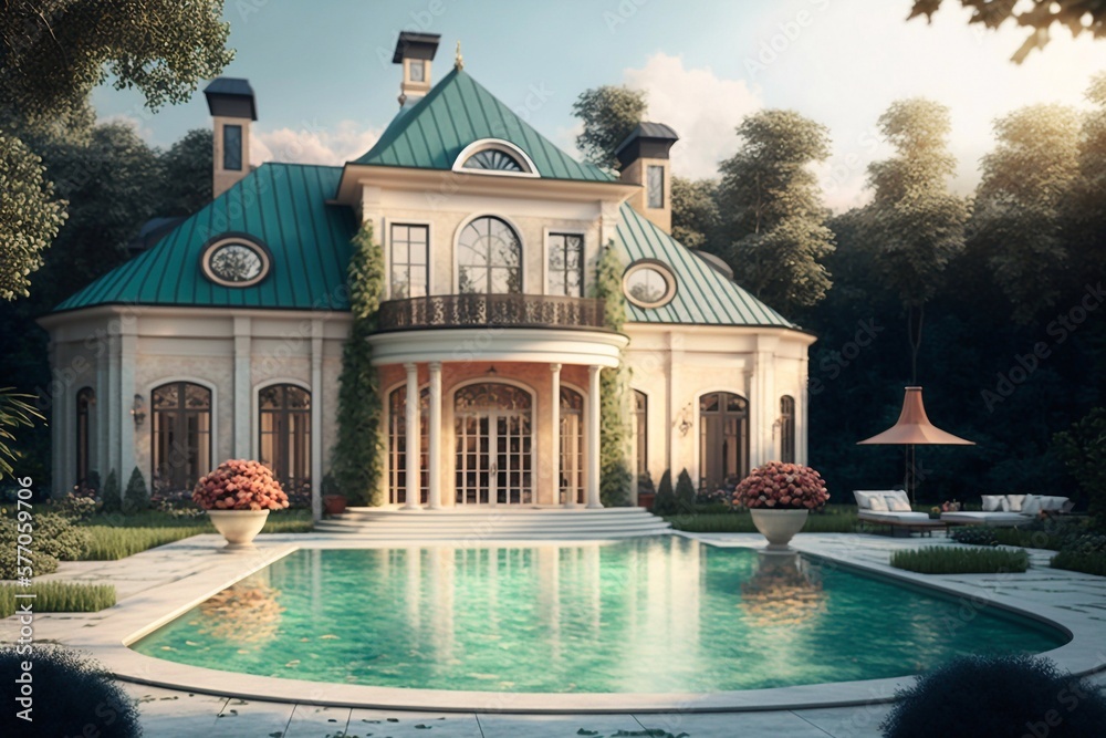 Luxury villa with swimming pool. Generative AI