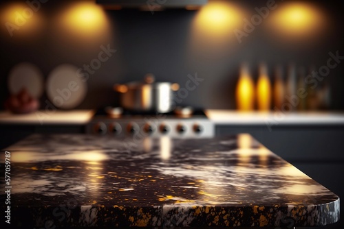 Empty marble top table with dark abstract background for product display montage. Generative AI