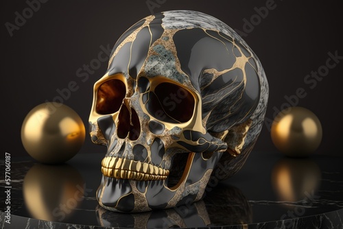 Marble skull with luxury gold jewelry decoration elements. Generative AI